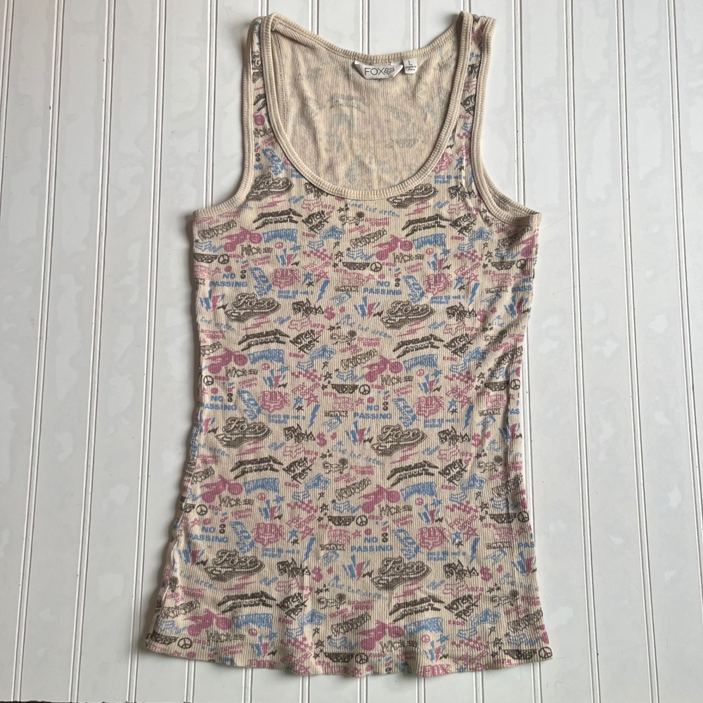 Y2k Fox Racing Women Tank Top Cream Ribbed Graphic Print Motocross Y2K Size L